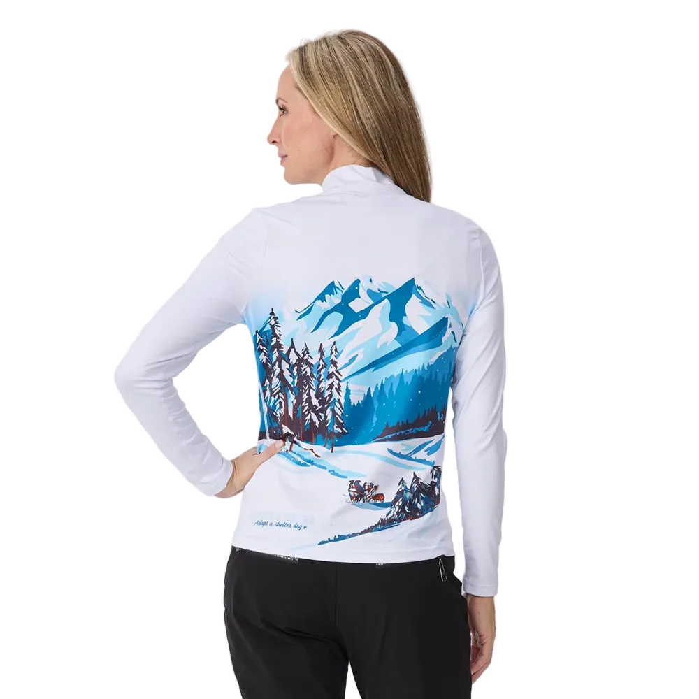 Rear view of the Krimson Klover Women’s Snow Hounds Sweater featuring a mid-weight ECOVERO™ viscose blend knit, crew neck, custom dog graphic print, and ribbed collar, cuffs, and hem.
