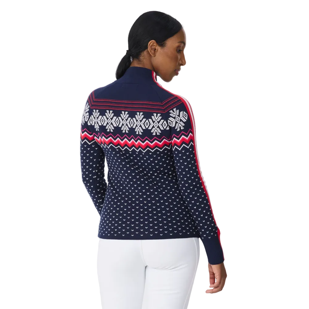 Rear view of a navy Krimson Klover Women’s Snowhut 1/2 Zip Sweater featuring a technical four-way stretch knit, tall stand-up collar, deep half-zip front zipper, and flatlock seams.