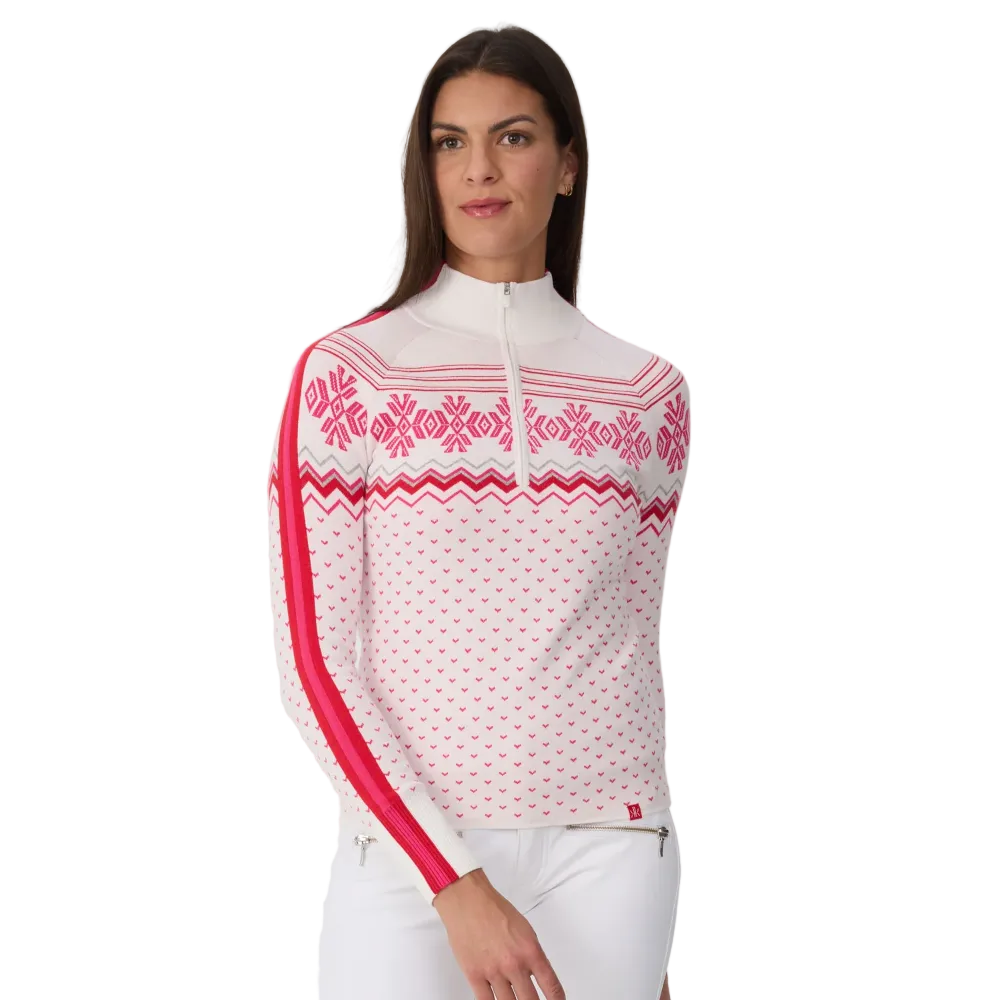Front view of a white and pink Krimson Klover Women’s Snowhut 1/2 Zip Sweater featuring a technical four-way stretch knit, tall stand-up collar, deep half-zip front zipper, and flatlock seams.