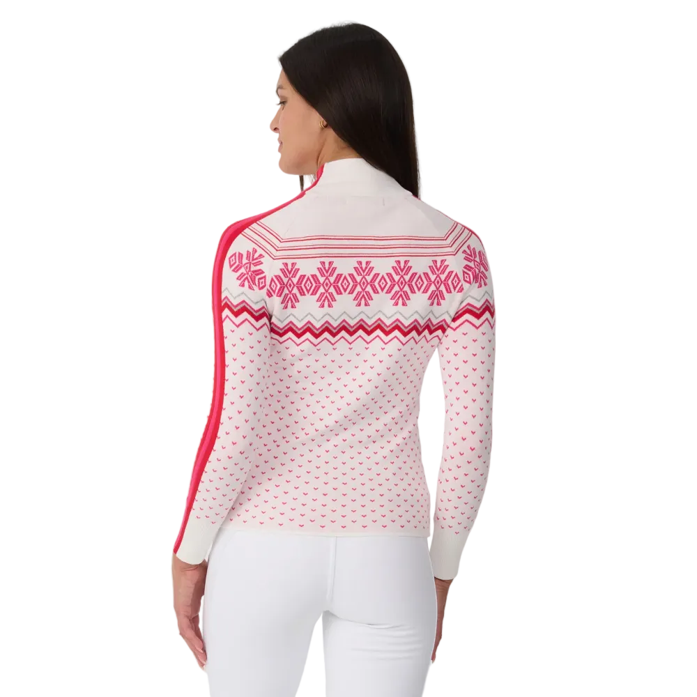 Rear view of a white and pink Krimson Klover Women’s Snowhut 1/2 Zip Sweater featuring a technical four-way stretch knit, tall stand-up collar, deep half-zip front zipper, and flatlock seams.