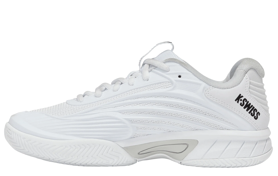 A side profile of a white Kswiss Junior Hypercourt Express 3 tennis shoe that offers enhanced stability and strong grip.