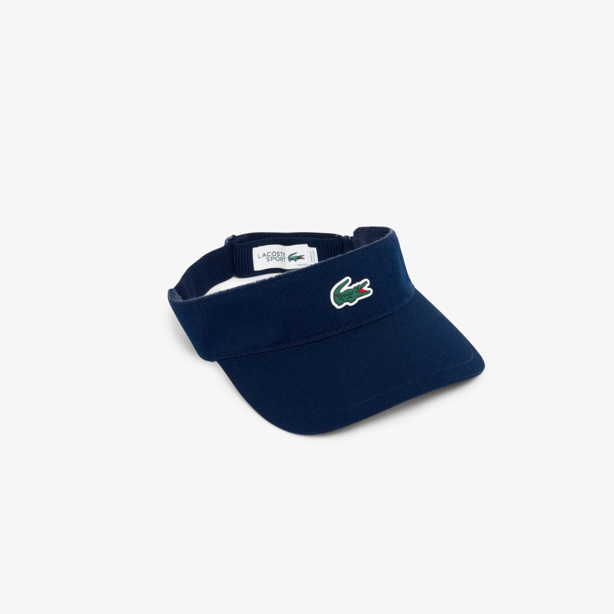 Lacoste Diamond Taffeta Sport Visor featuring lightweight performance fabric, adjustable fit, open-top ventilation, and crocodile branding.