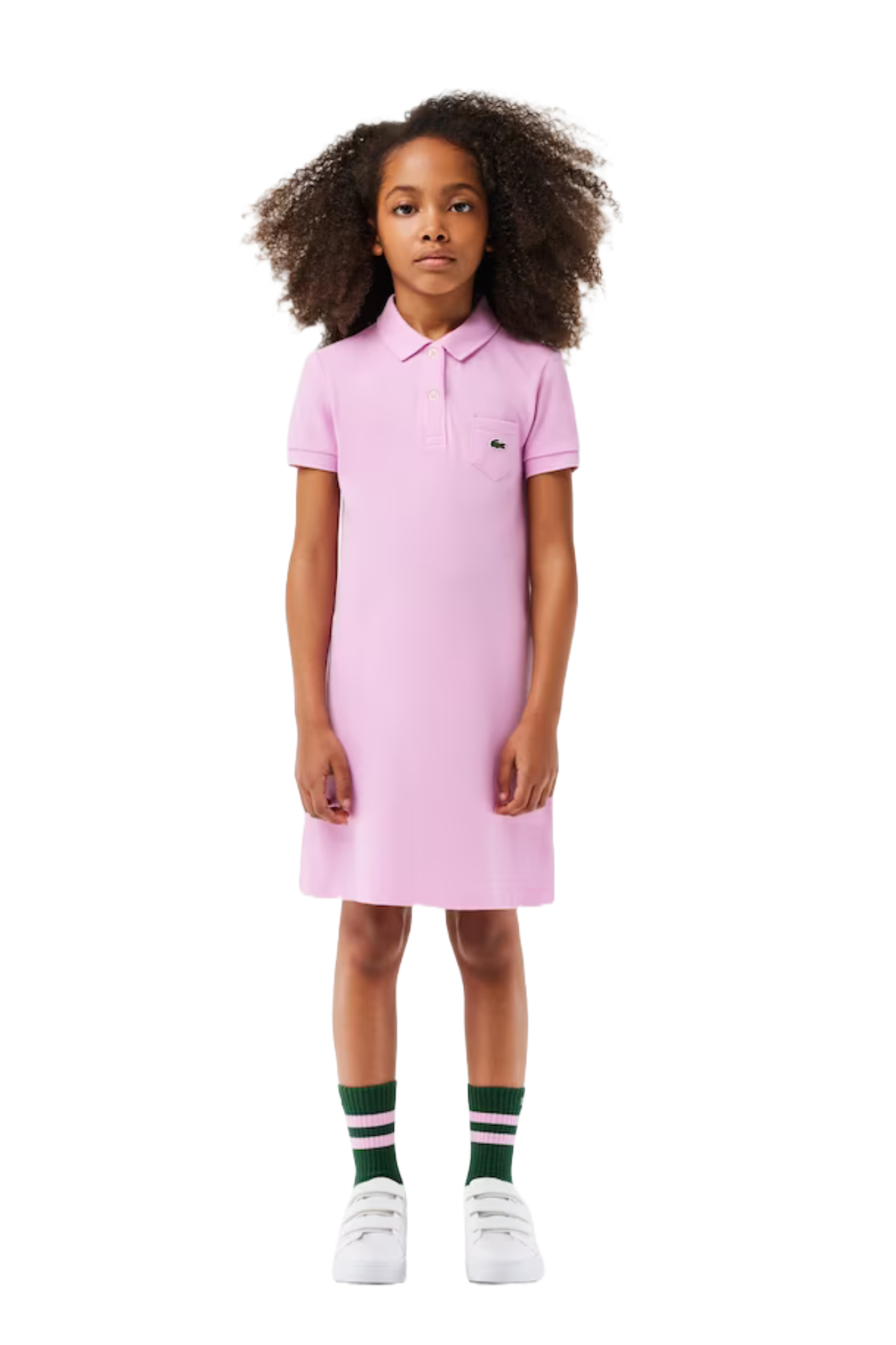 Lacoste Girls Cotton Polo Tennis Dress featuring soft cotton fabric, classic polo collar, tennis-inspired styling, and crocodile branding.