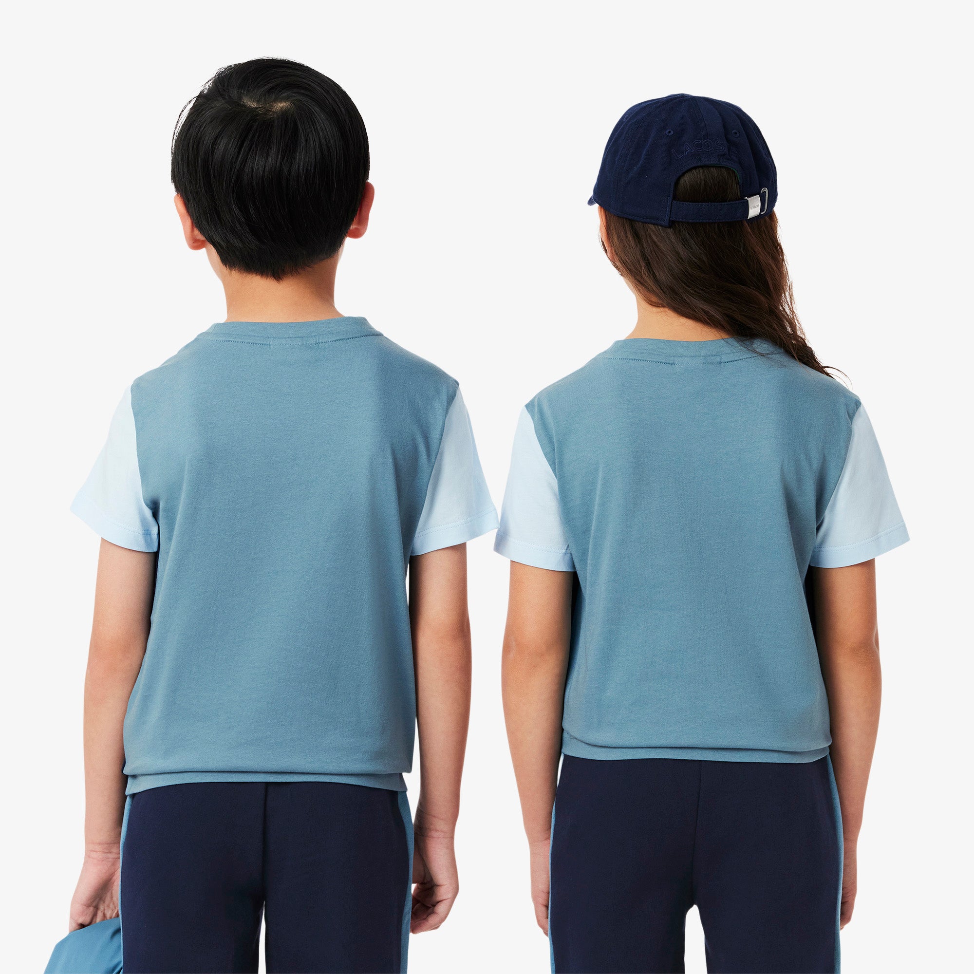 Lacoste Kids Cotton Colorblock T-Shirt featuring soft cotton fabric, colourblock styling, comfortable fit, and crocodile branding.