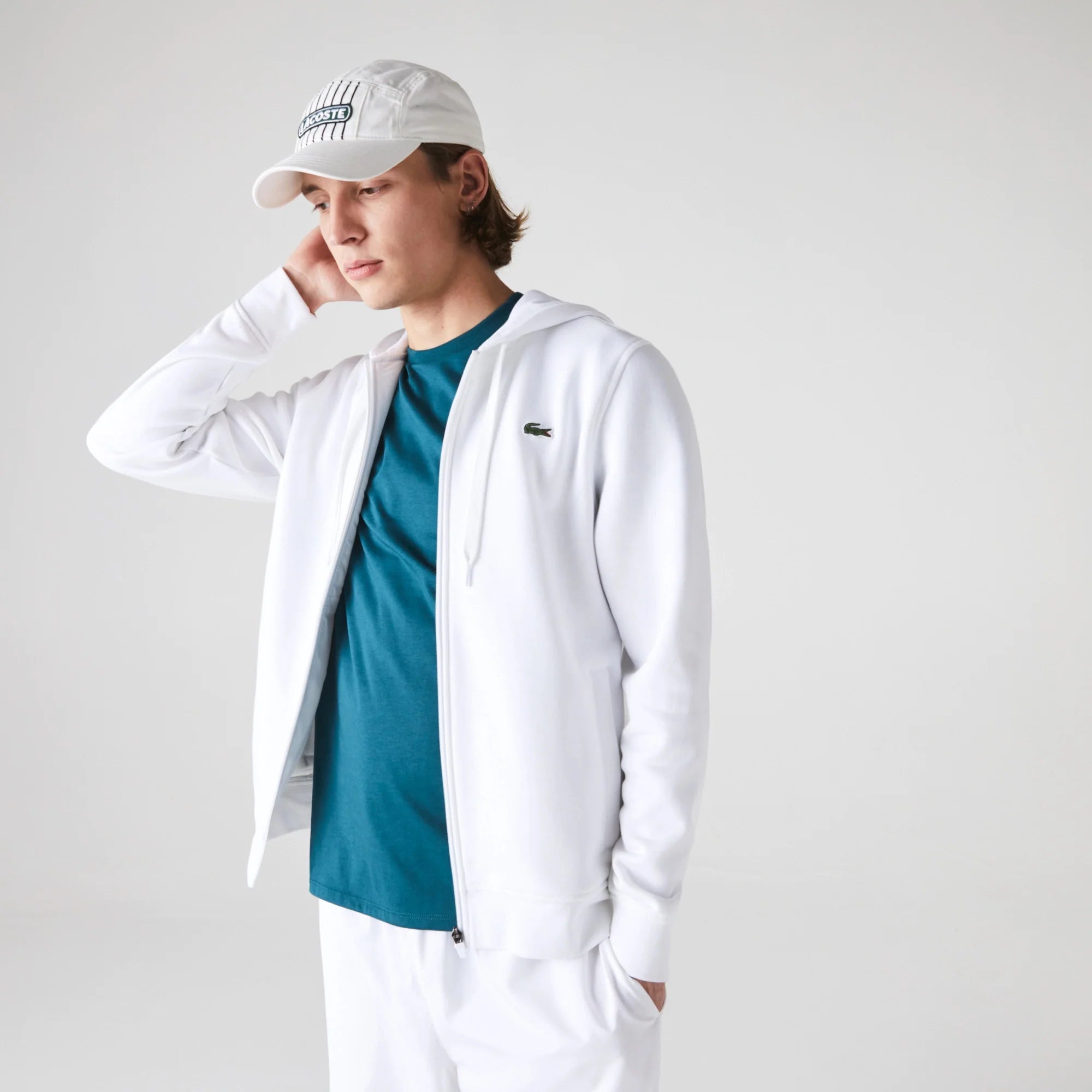 Lacoste Men's French Terry Zip-Up Sweatshirt featuring soft French terry fabric, full-zip design, side pockets, and crocodile branding.