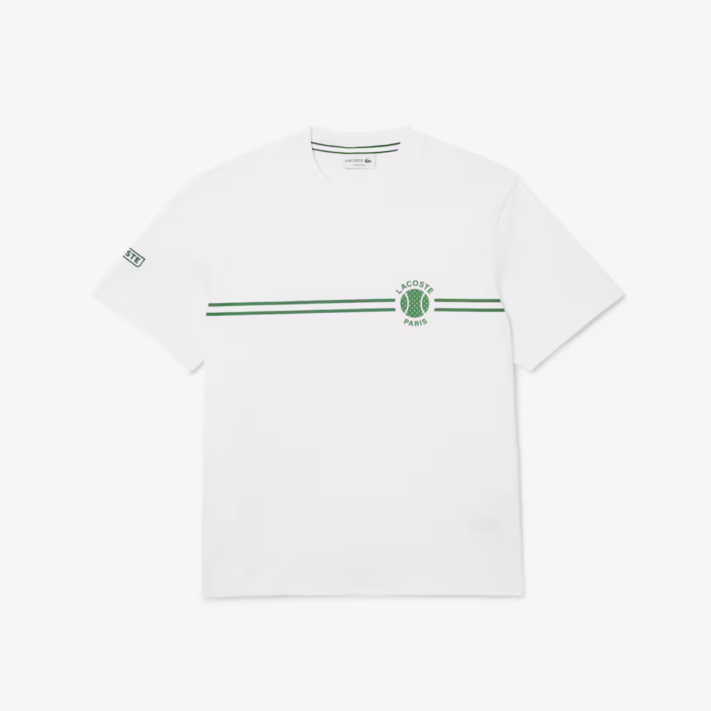 Lacoste Men's Printed Jersey T-Shirt featuring soft jersey fabric, printed graphics, breathable comfort, and signature crocodile branding.