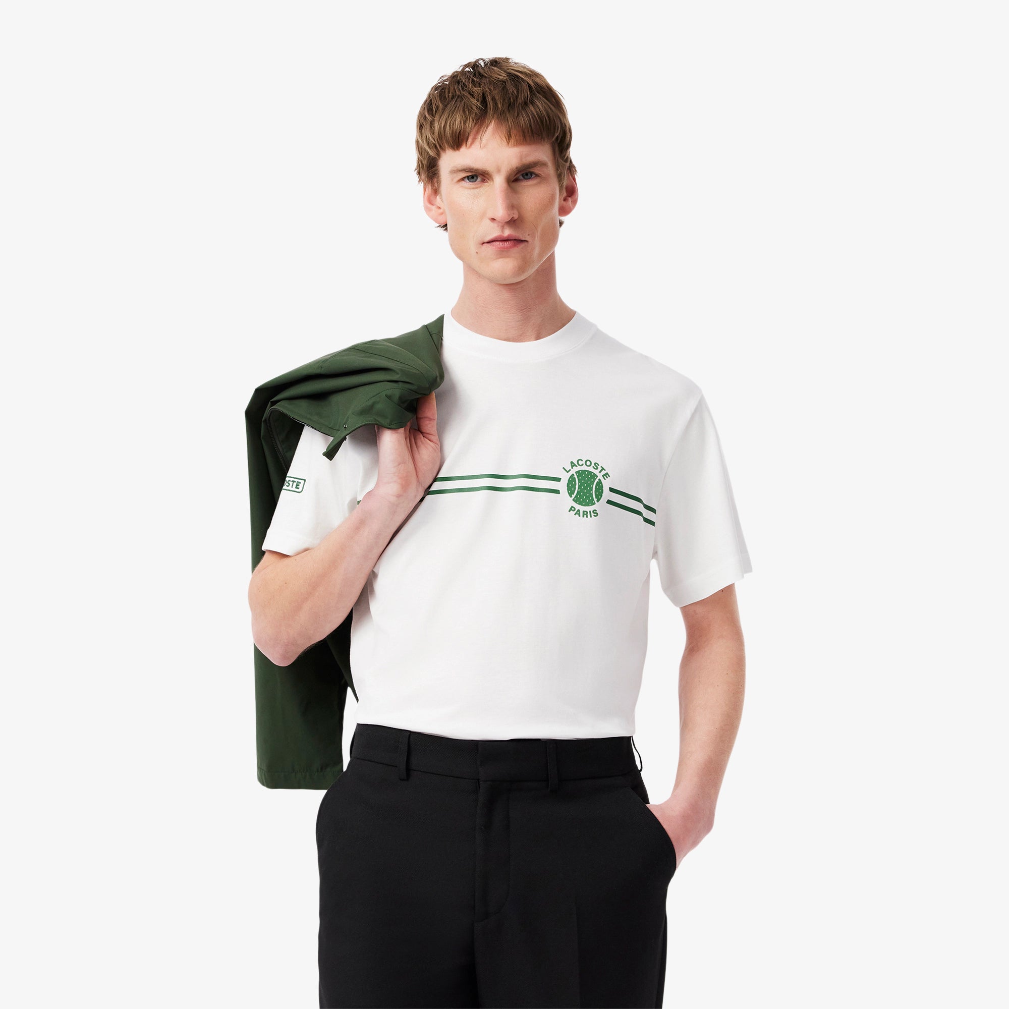 Lacoste Men's Printed Jersey T-Shirt featuring soft jersey fabric, printed graphics, breathable comfort, and signature crocodile branding.