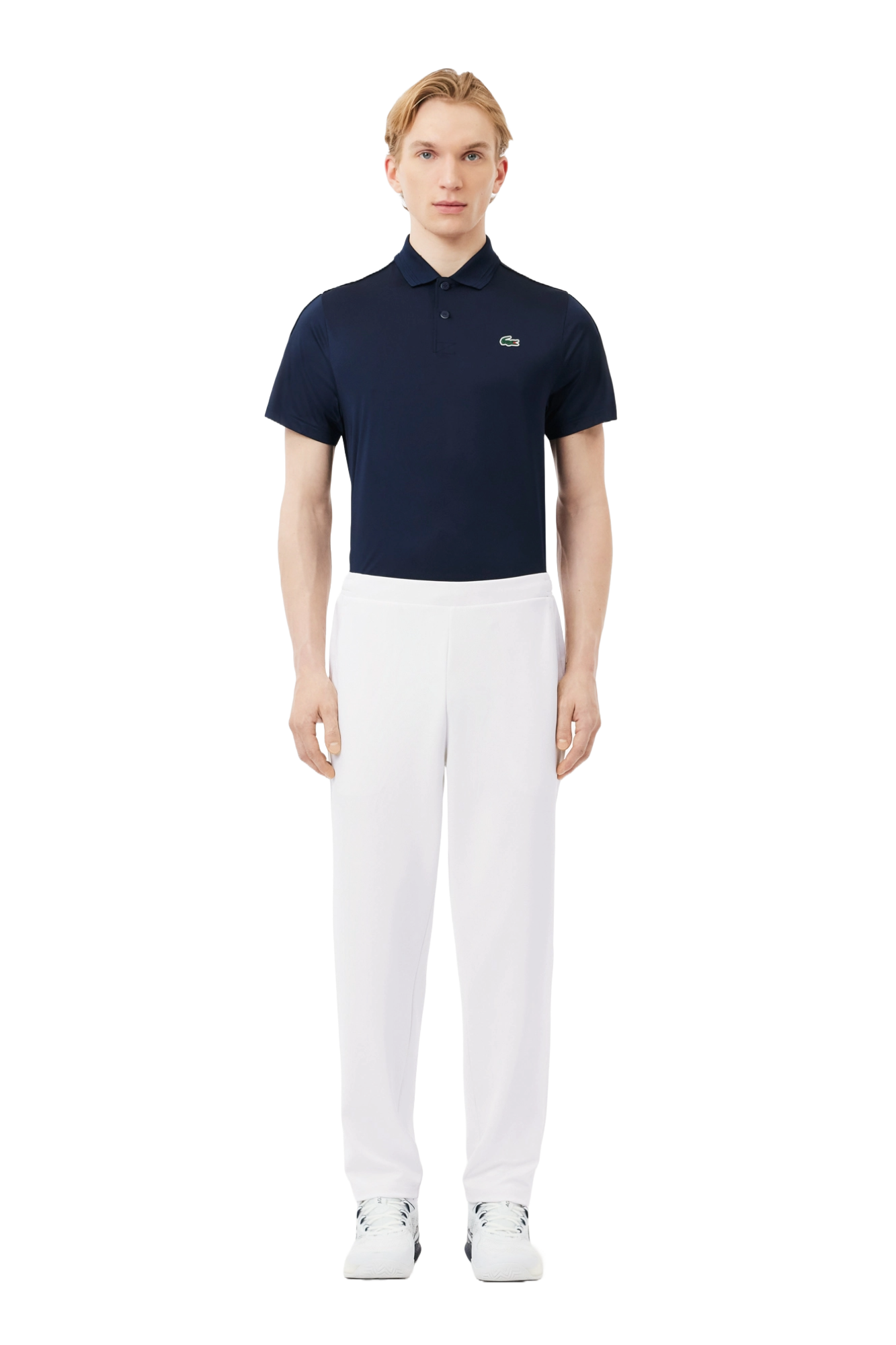 Lacoste Men's Stretchy Sport Sweatpants featuring stretch fabric, athletic fit, adjustable waistband, and signature crocodile branding.