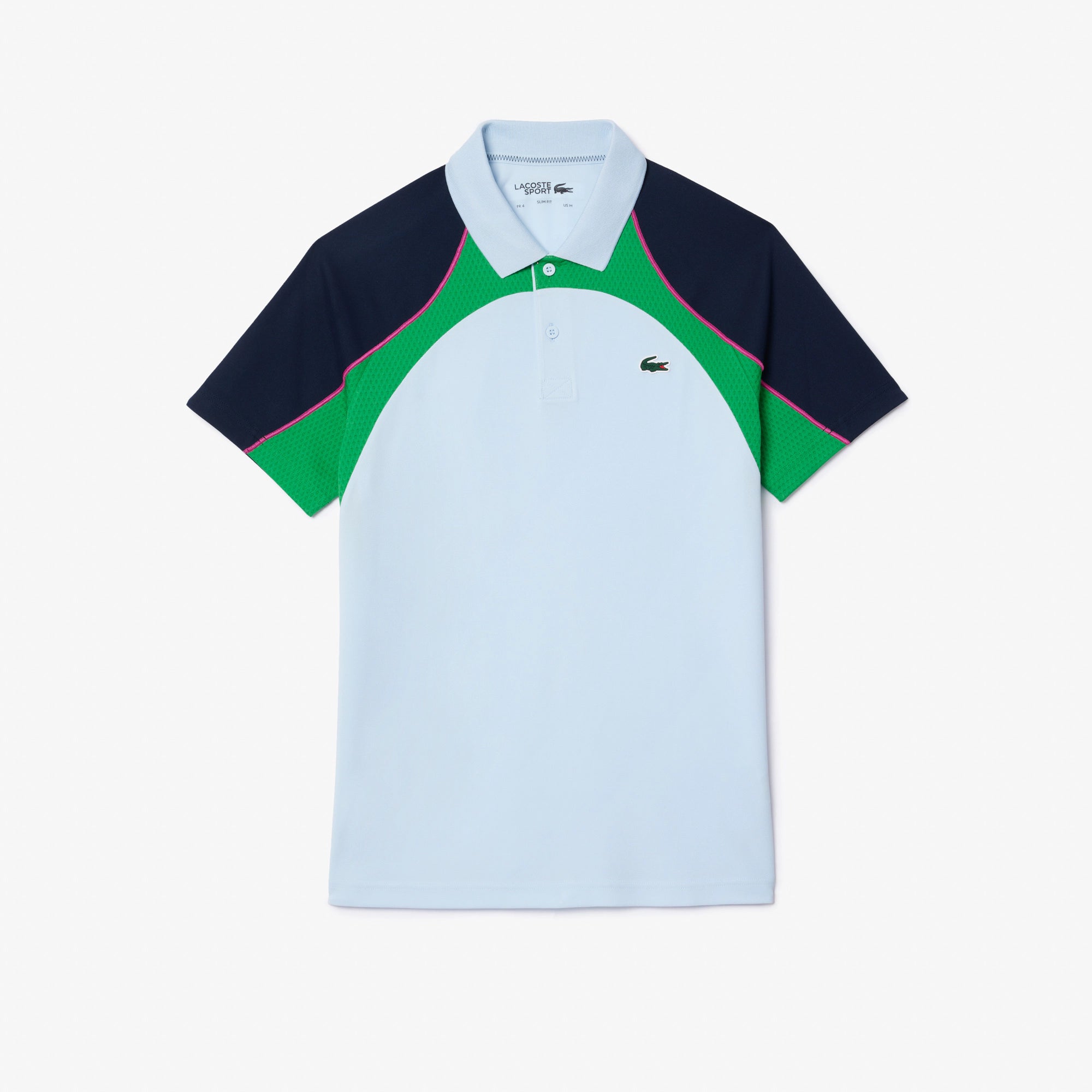Lacoste Men's Ultra Dry Colorblock Tennis Polo featuring moisture-wicking performance fabric, colorblock detailing, athletic fit, and crocodile branding.