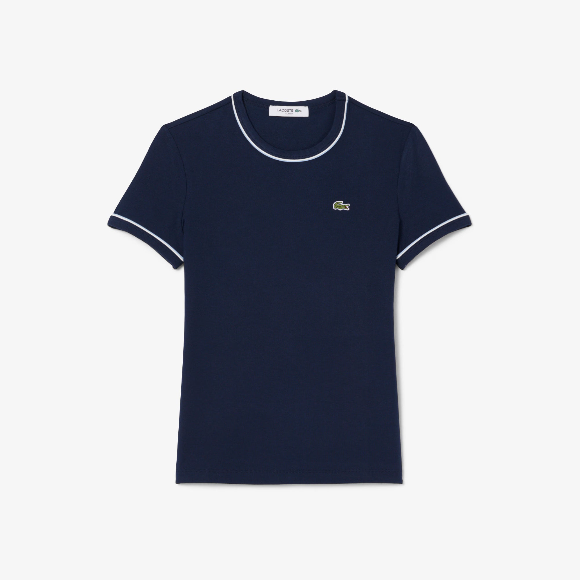 Lacoste Women's Contrast Trim Jersey Tee featuring soft jersey fabric, contrast detailing, breathable comfort, and crocodile branding.