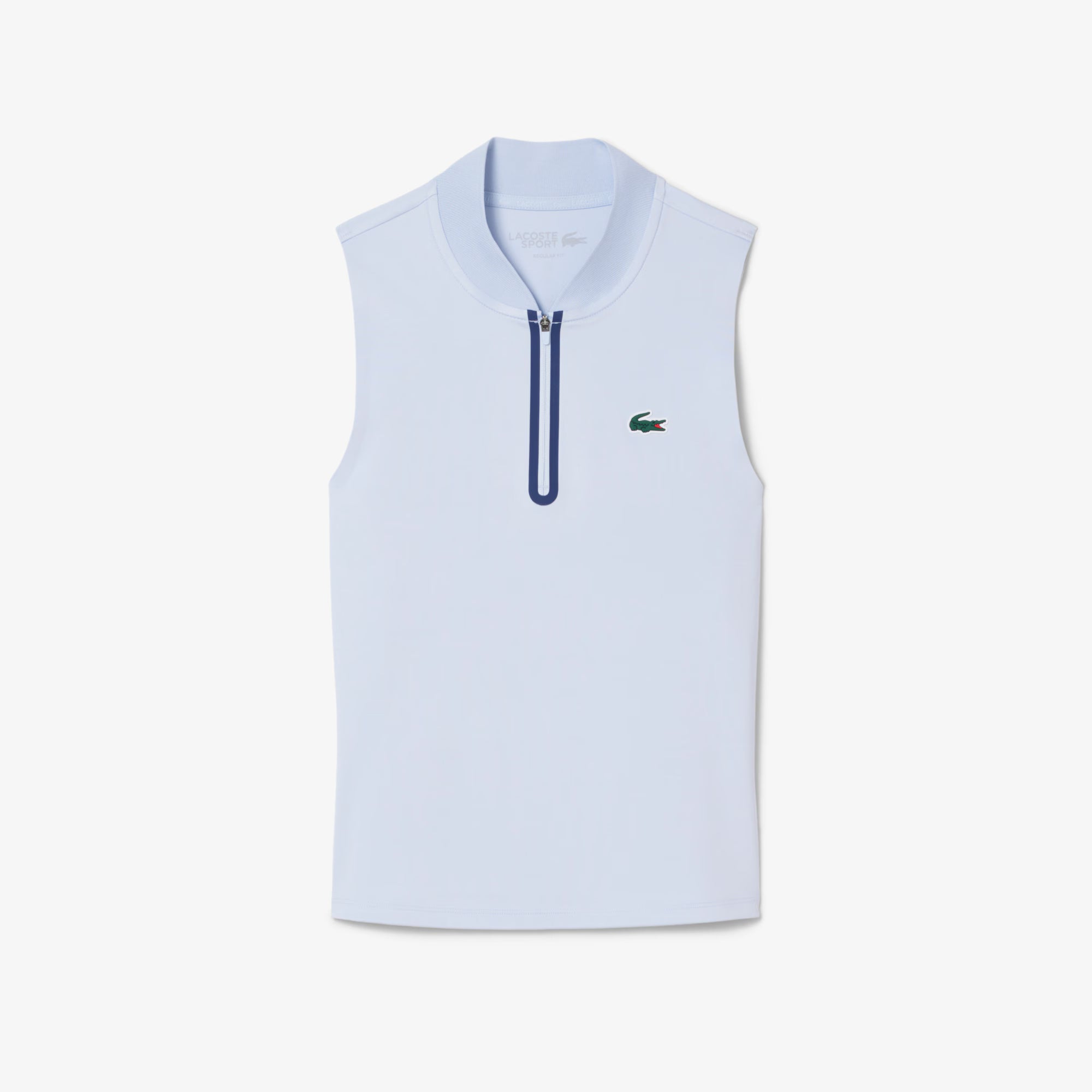 Lacoste Women's Sleeveless Ultra Dry Stretch Tennis Polo featuring moisture-wicking stretch fabric, sleeveless design, and crocodile branding.