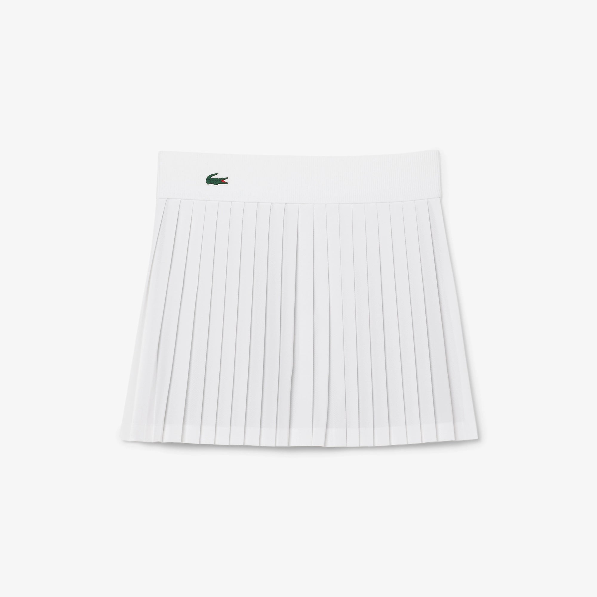 Lacoste Women's Ultra Dry Lined Tennis Skirt featuring stretch performance fabric, integrated liner, moisture management, and crocodile branding.