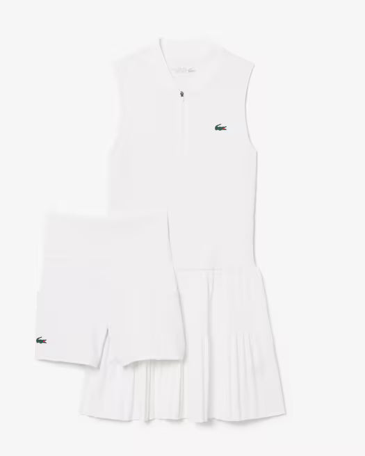 Lacoste Women's Ultra Dry Stretch Tennis Dress featuring moisture-wicking stretch fabric, breathable comfort, athletic fit, and crocodile branding.