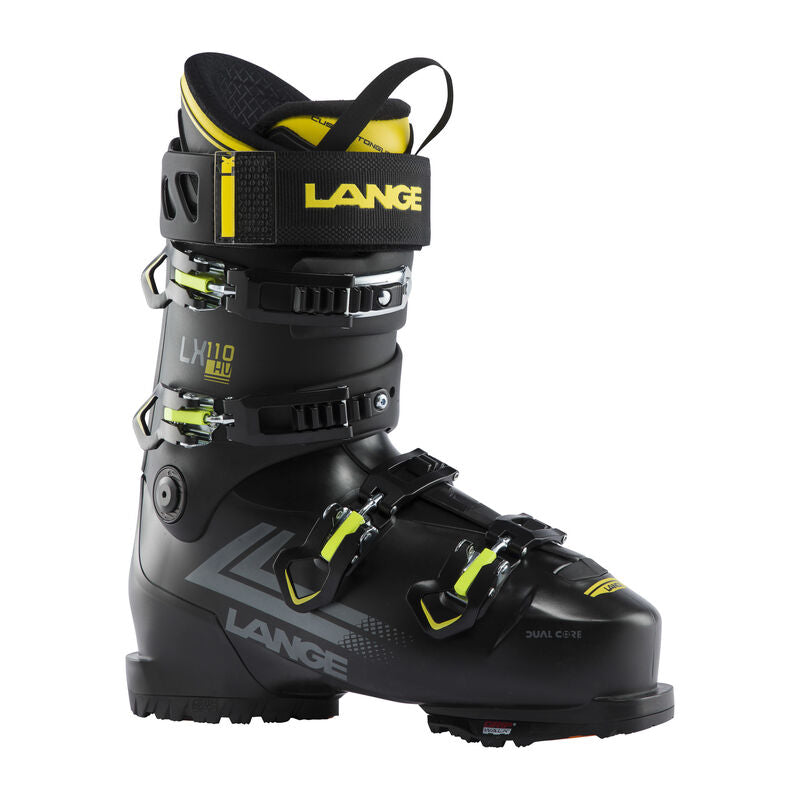 A black Lange LX 100 HV ski boot with yellow accents, featuring multiple buckles, a distinctive LANGE logo on the cuff, and features a high-volume fit and gripwalk soles.