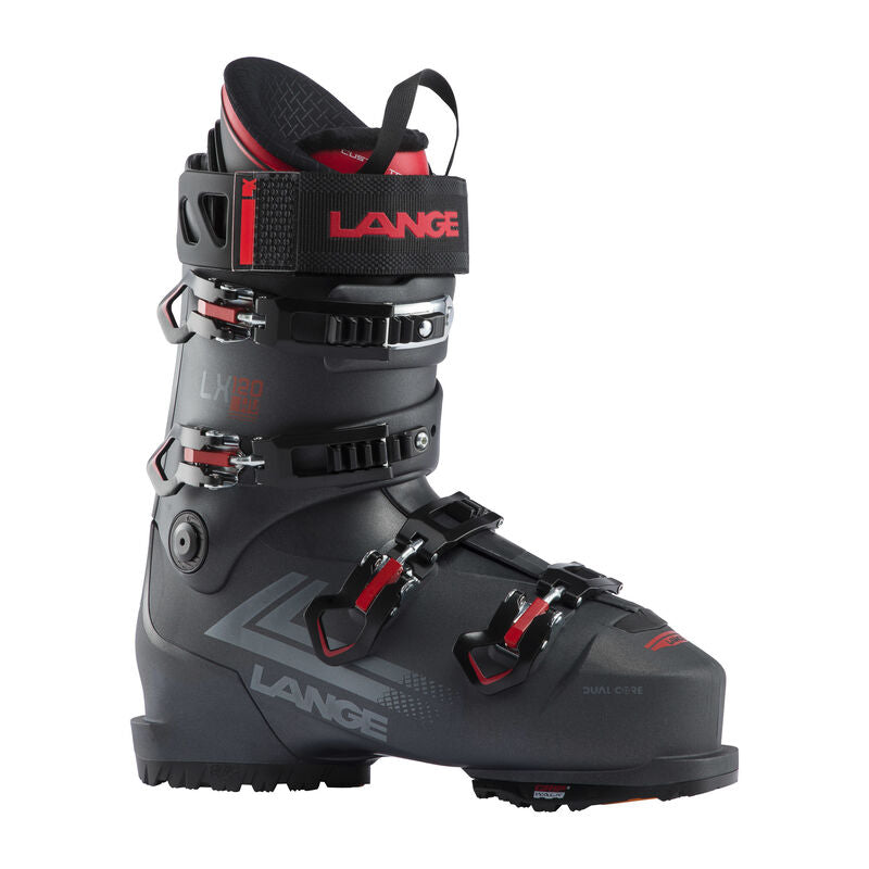 A black and red Lange LX 120 HV Ski Boot that featurews a high-volume fit and GripWalk soles.