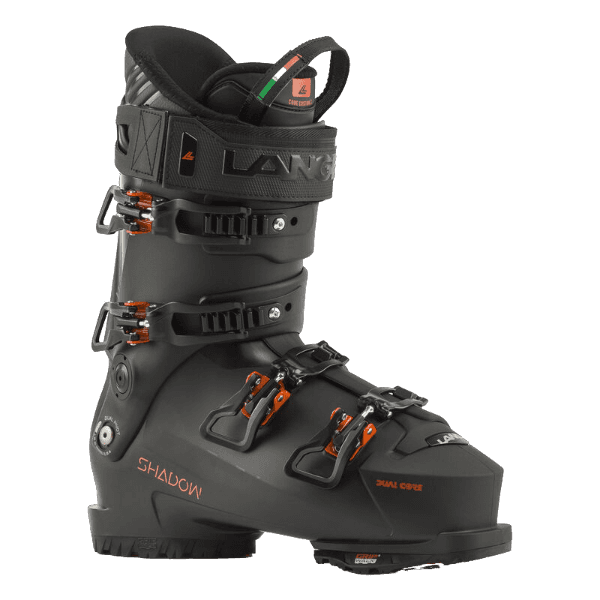 A black Lange Shadow 110 LV ski boot with the labeling visible, designed for all-mountain skiing.