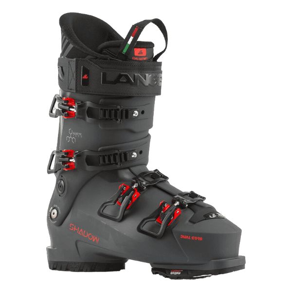 A pair of Lange Shadow 120 MV ski boots in gray color with red buckles, designed for all-mountain skiing.