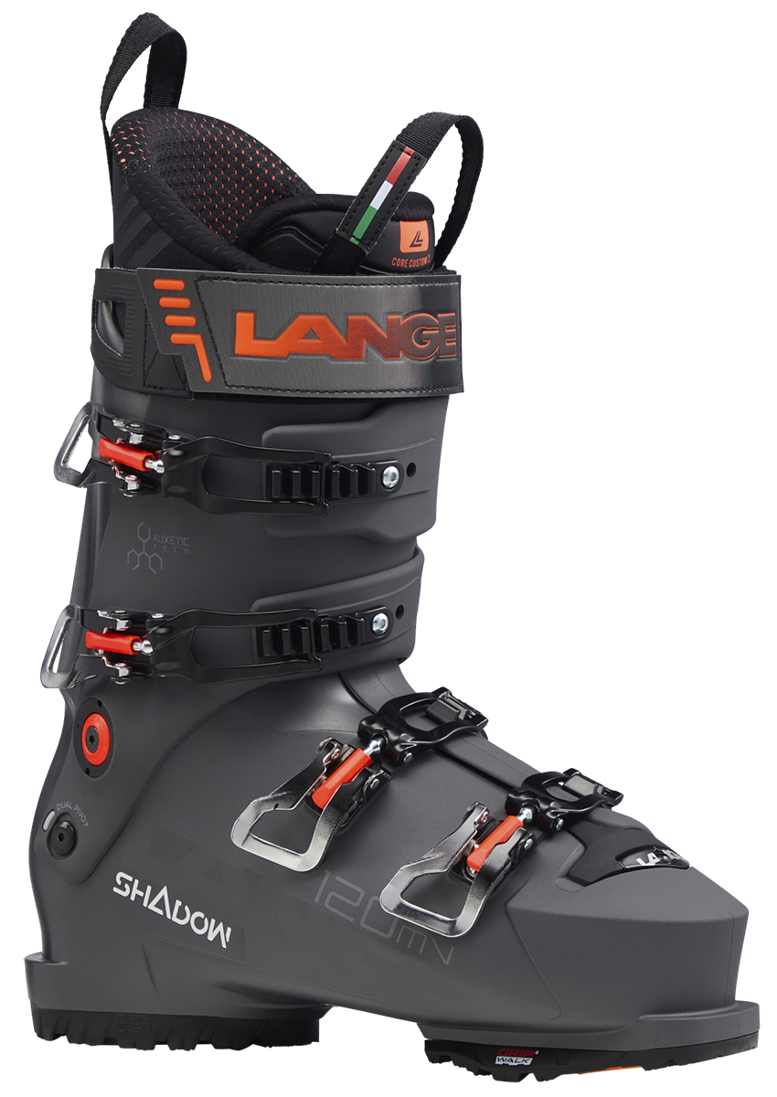 Lange Shadow 120 MV Ski Boots 2027 featuring a 120 flex, 100 mm medium-volume fit, Dual Pivot technology, and Suspension Blade construction.