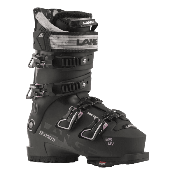 A black Lange Shadow 85 W MV ski boot designed for women, featuring a sturdy and flexible design.