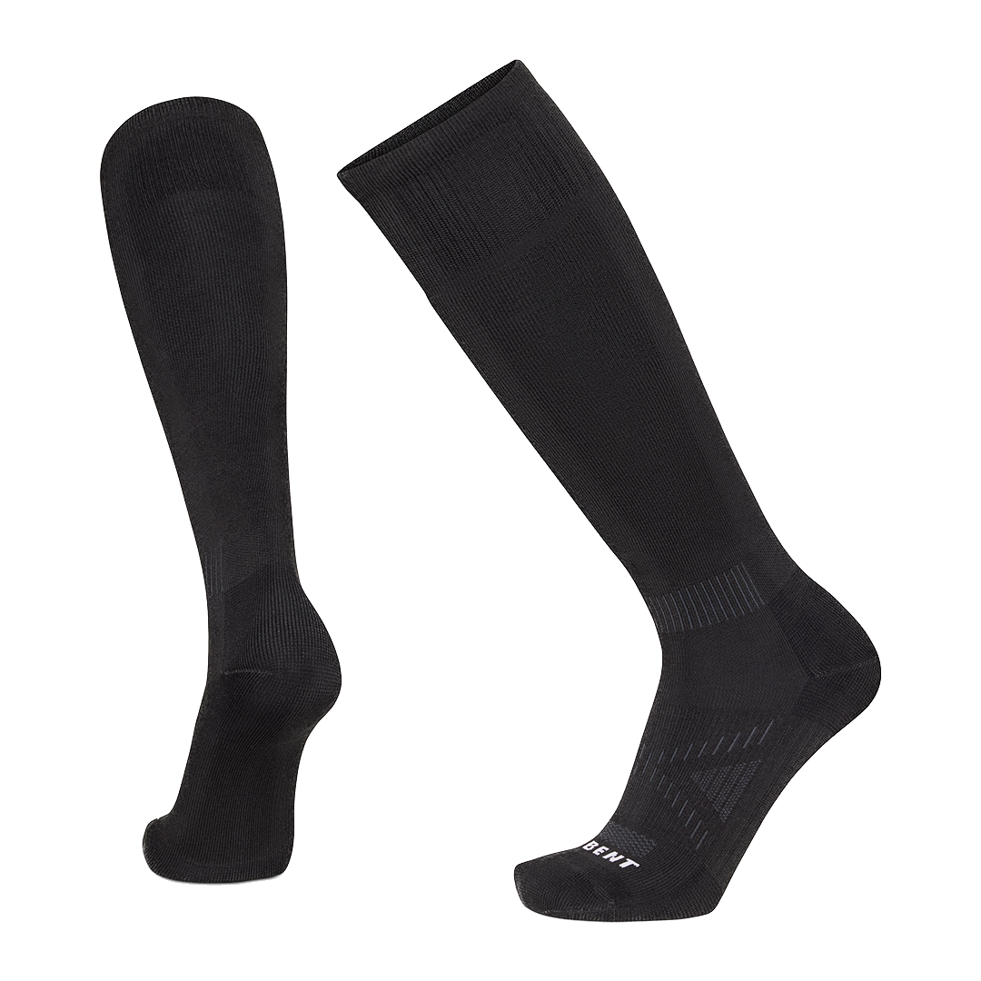 A pair of black Le Bent BootFit Zero Cushion Ski Socks that are made from a blend of merino wool and bamboo.