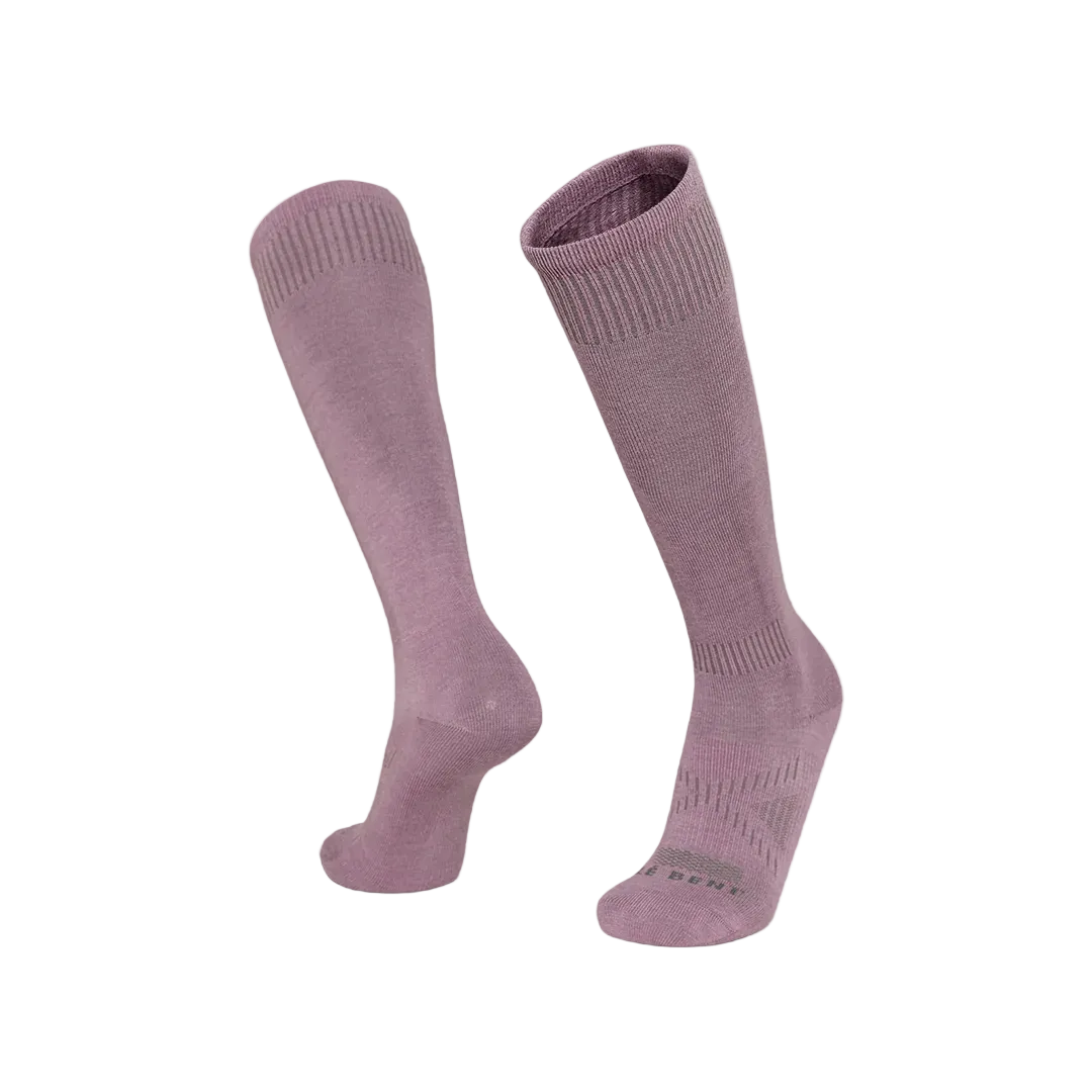 A pair of pink Le Bent BootFit Zero Cushion Ski Socks that are made from a blend of merino wool and bamboo.