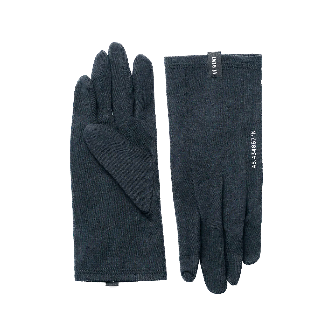 A pair of black Le Bent Core 260 Weight Glove Liners that are made from a bamboo and merino wool blend.