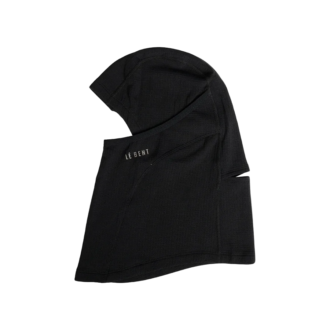 Side view of the Le Bent Heavyweight Grid Fleece Balaclava featuring a Merino wool and bamboo rayon blend, high-loft grid interior, drop-chin hinge, and flatlock seams.