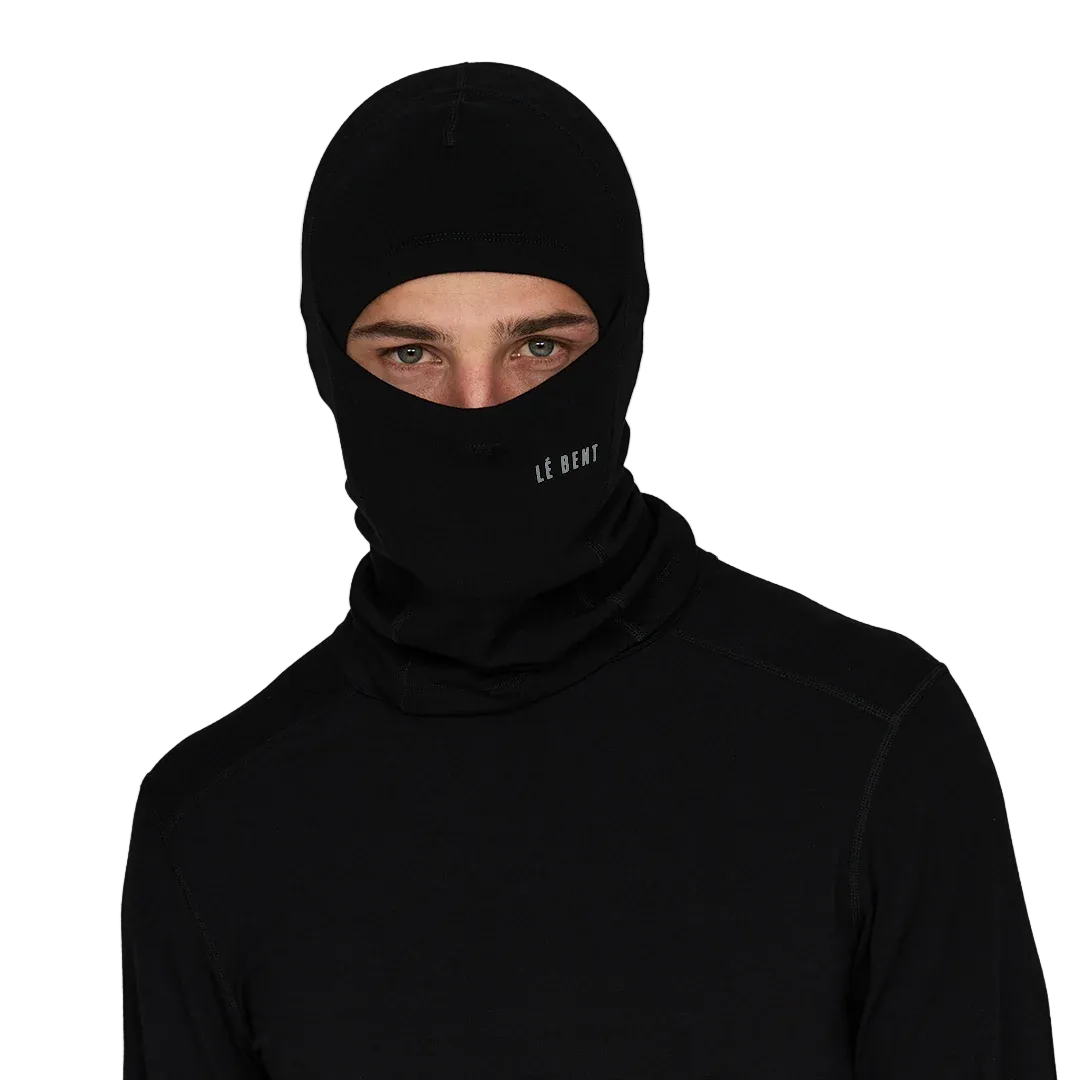 Front view of the Le Bent Heavyweight Grid Fleece Balaclava featuring a Merino wool and bamboo rayon blend, high-loft grid interior, drop-chin hinge, and flatlock seams.