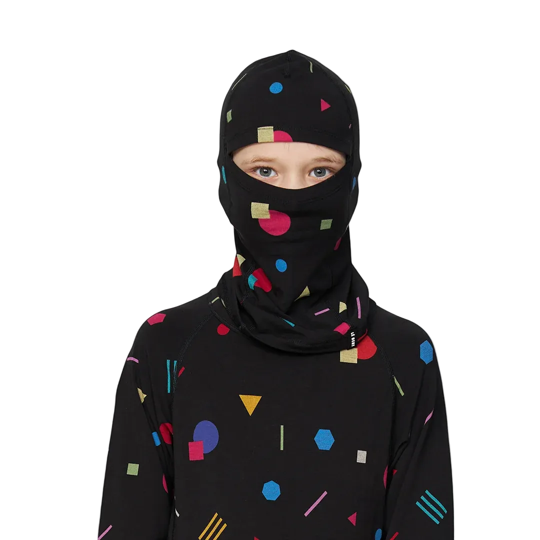 Front view of the Le Bent Jr Confetti Midweight Balaclava featuring a youth-specific fit, Merino wool and bamboo rayon blend, colorful confetti pattern, drop-chin hinge, and flatlock seams.