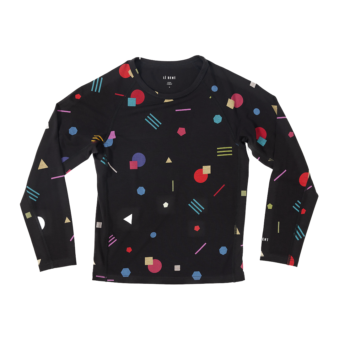 A black Le Bent Confetti Midweight Raglan Crew Baselayer Top with colorful geometric patterns for kids.