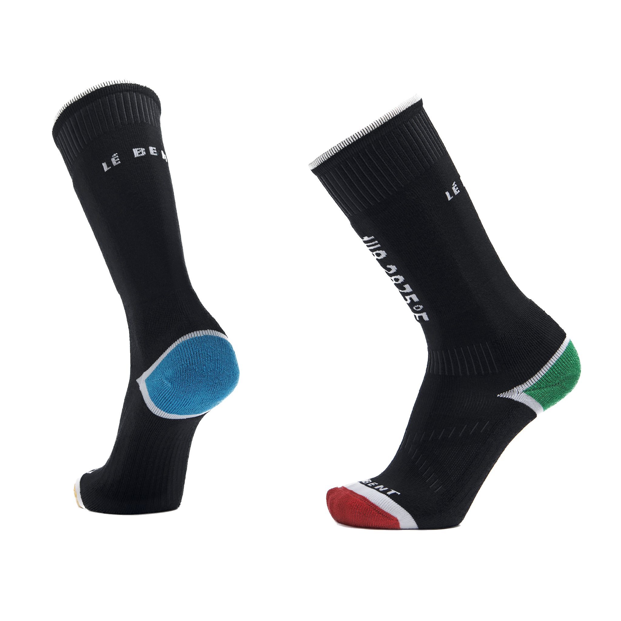 A pair of black Le Bent Kids' Core Light Cushion Ski Socks that are made from a bamboo and merino wool blend.