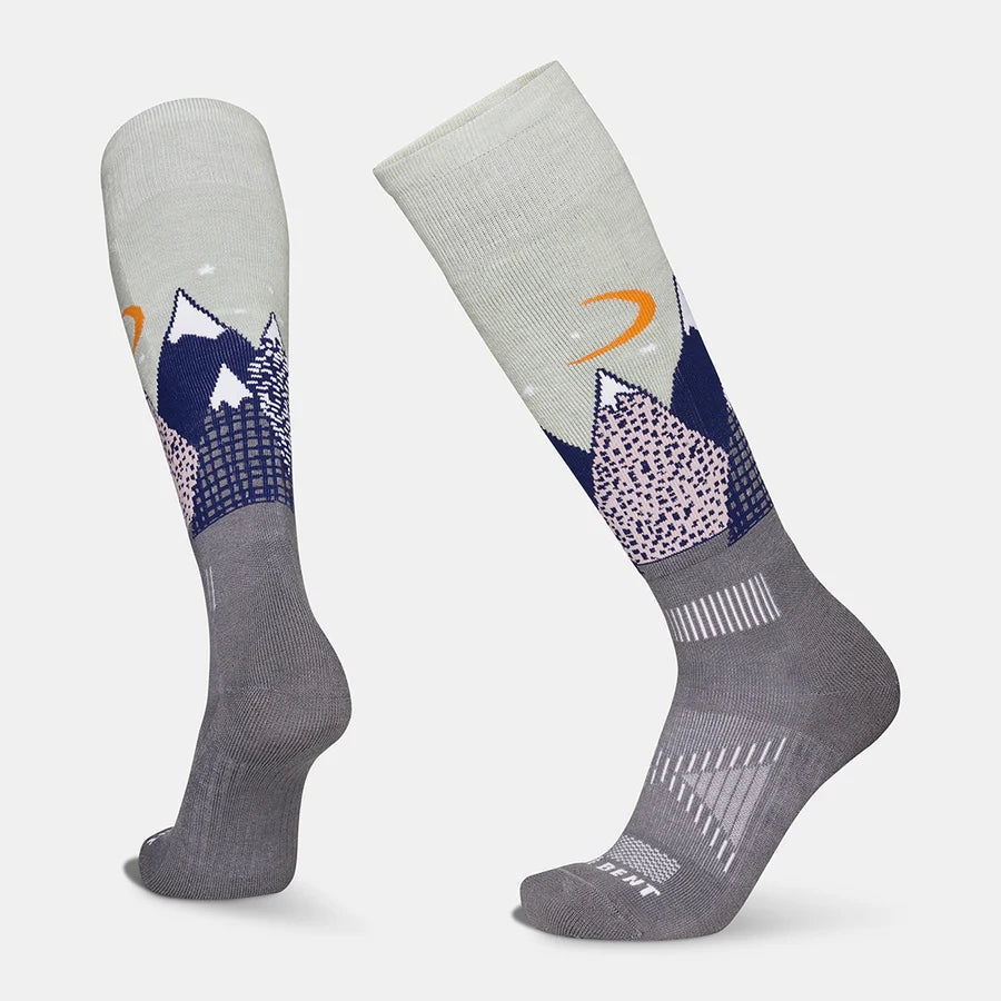 A pair of grey and blue Le Bent Kids' Snowy Mountains Light Cushion Ski Socks that are designed to keep your child's feet warm in harsh winter conditions.