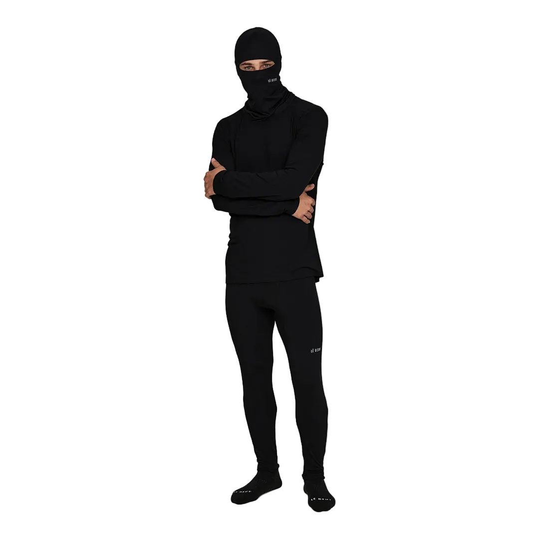 Front view of the Le Bent Lightweight Balaclava featuring a Merino wool and bamboo rayon blend, drop-chin hinge, mesh mouth ventilation port, and low-profile flatlock seams.