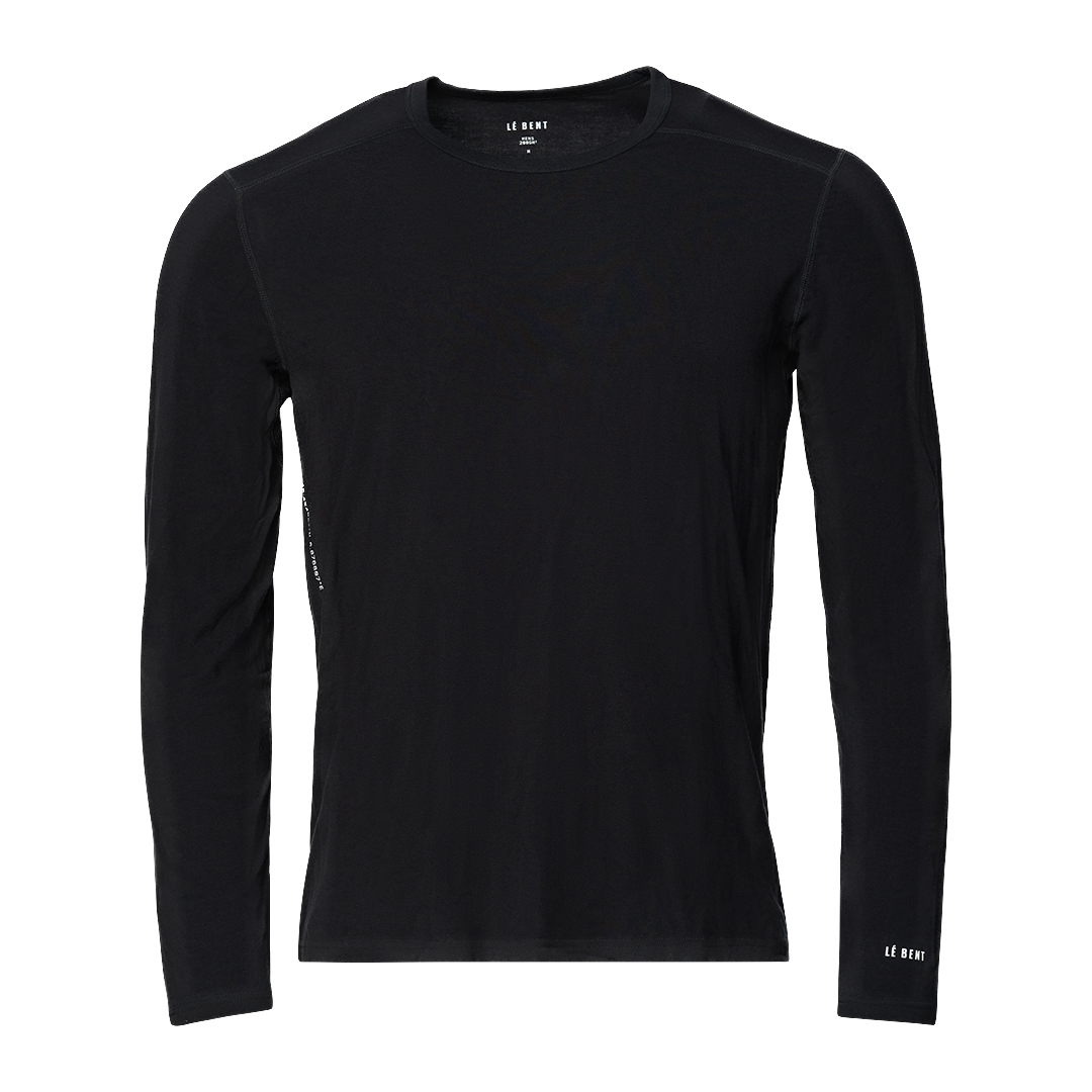 A black Le Bent Men's Core Lightweight Crewneck Baselayer Top made of a blend of merino wool and rayon from bamboo.
