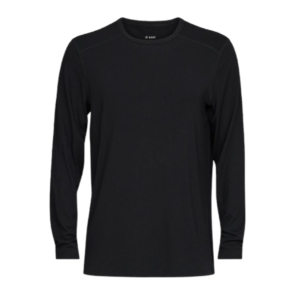 A black Le Bent Men's Core Midweight Crewneck Baselayer Top that is made from a bamboo and merino wool blend.