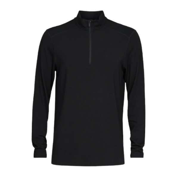 A black Le Bent Men's Midweight 1/4 Zip baselayer top that is made from a warm bamboo and merino wool fabric blend.