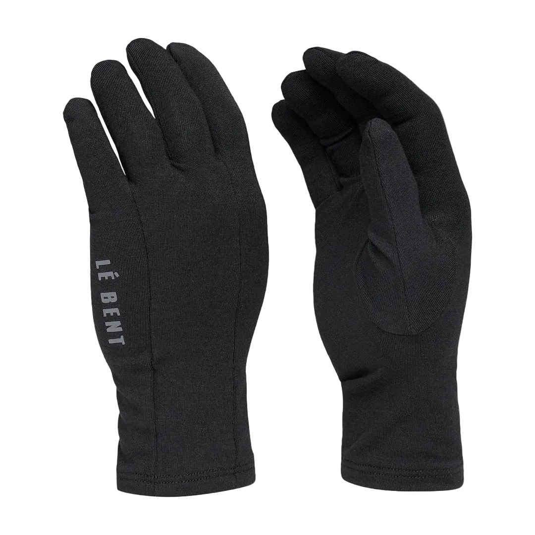 Pair of Le Bent Midweight Glove Liners featuring a Merino wool and bamboo rayon knit blend, touchscreen-compatible index finger and thumb tips, low-profile flatlock seams, and fitted elastic cuffs.