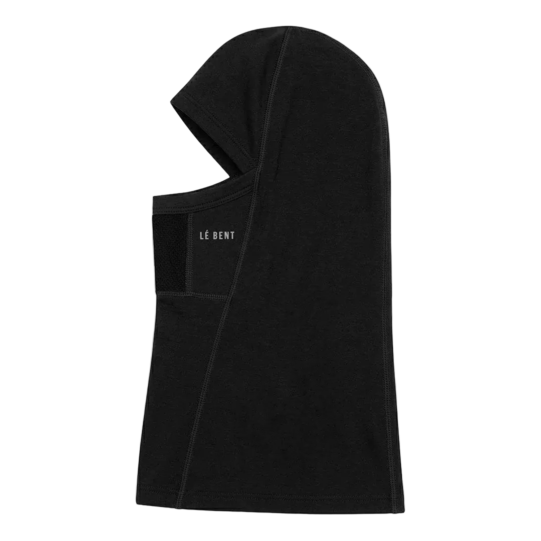 Front view of the Le Bent Midweight Mesh Balaclava featuring a midweight Merino wool and bamboo rayon blend, drop-chin hinge, targeted mesh breathing vents, and flatlock seams.