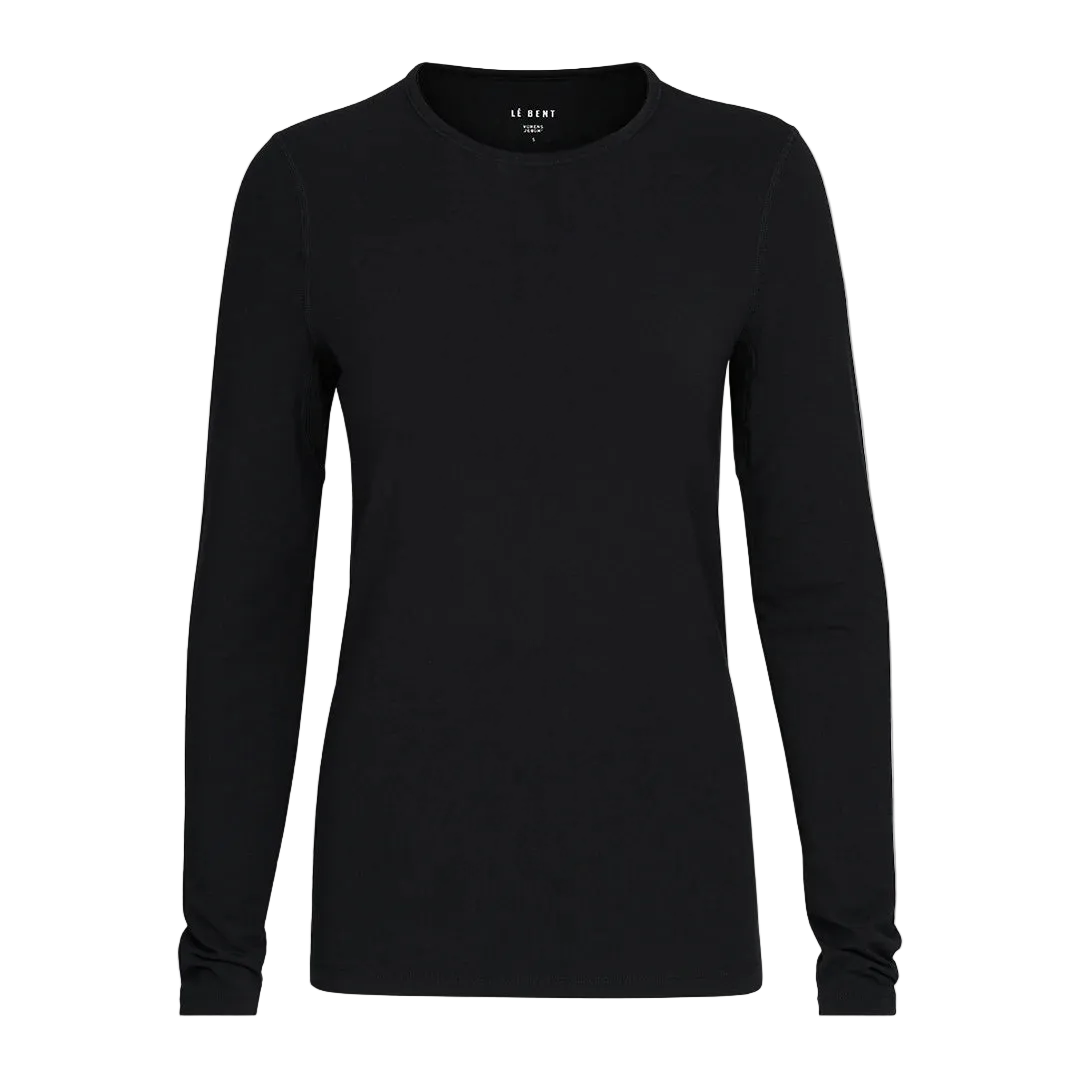 A black Le Bent Women's Core Midweight Crewneck Baselayer Top that is made from a bamboo and merino wool blend.