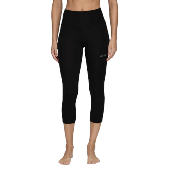 A pair of black Le Bent Women's Core Midweight 3/4 Length Baselayer Bottoms that are made from a bamboo and merino wool blend.