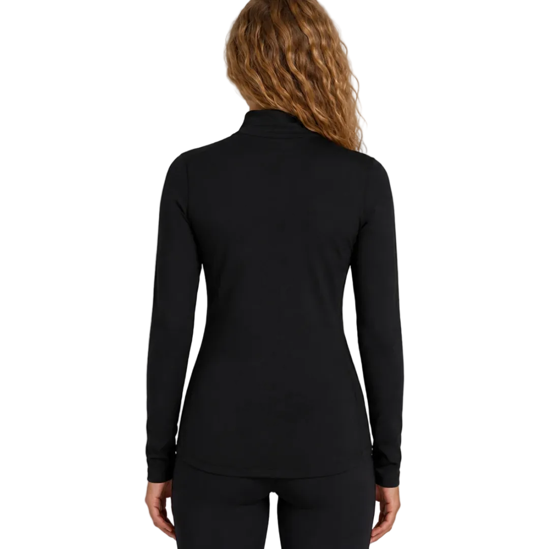 Rear view of the Le Bent Women’s Midweight Mock Neck Baselayer Top featuring a bamboo-merino blend knit, fitted mock neck collar, flatlock stitching, and integrated thumb loops.