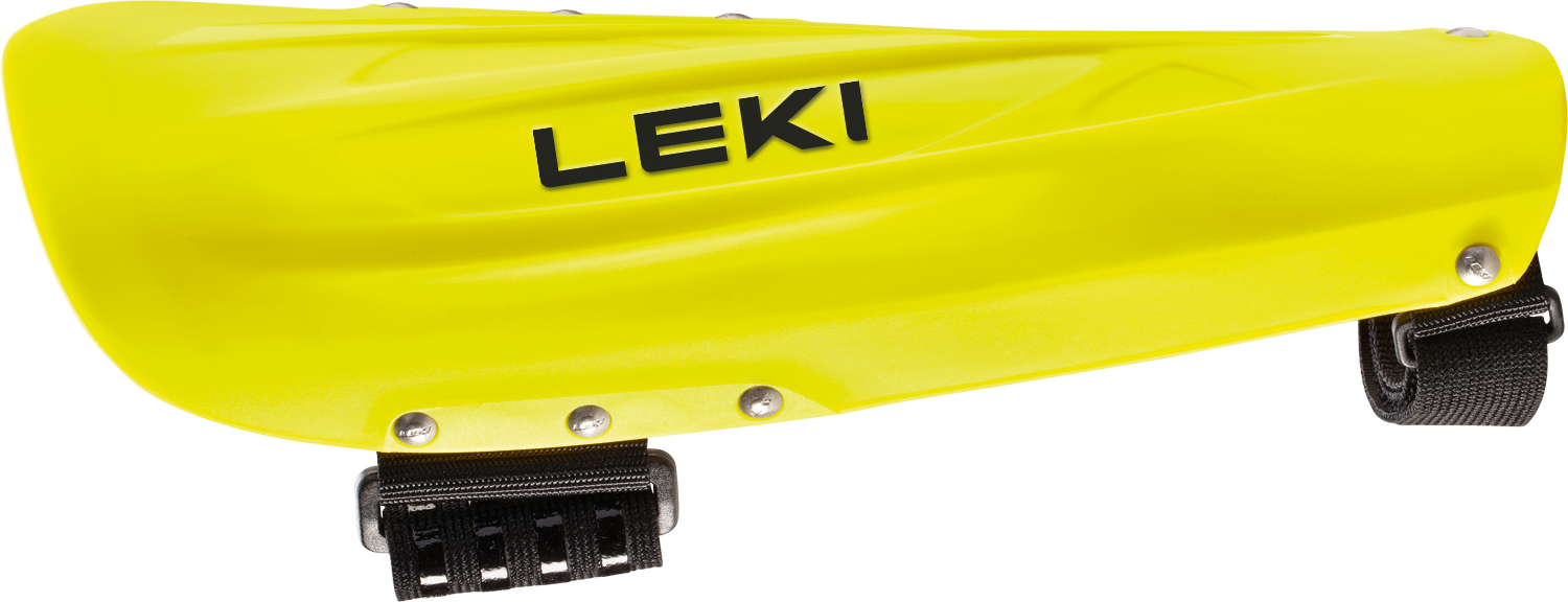 LEKI Forearm Guard featuring lightweight high-impact construction, ergonomic fit, adjustable straps, and premium protection for alpine slalom ski racing.