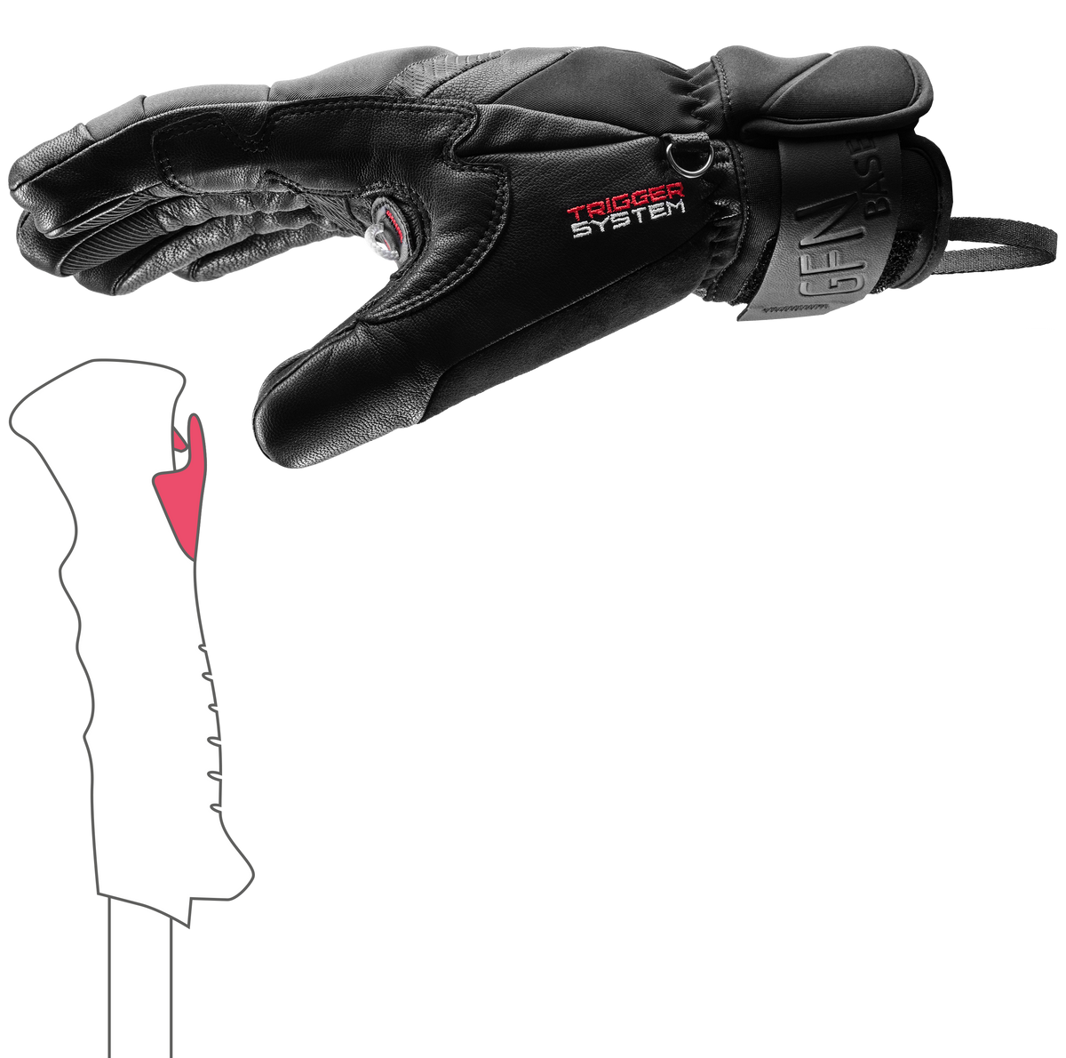 LEKI Griffin Base 3D Glove featuring premium goatskin leather, Hyperloft insulation, silicone grip pads and integrated LEKI Trigger System.