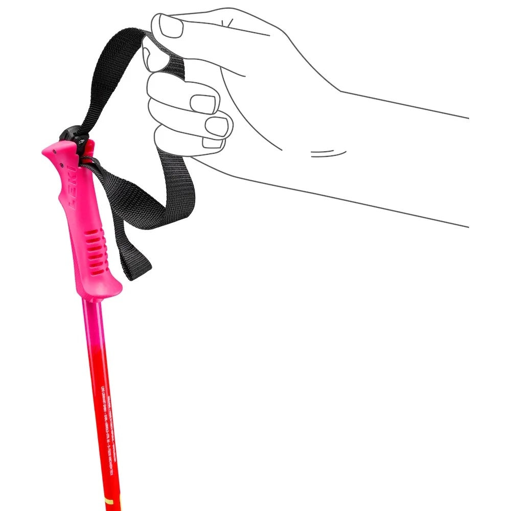 LEKI Racing Kids Poles in Pink 2027 featuring 14 mm aluminum shafts, kid-sized PAS V1 grips and World Cup-inspired graphics.