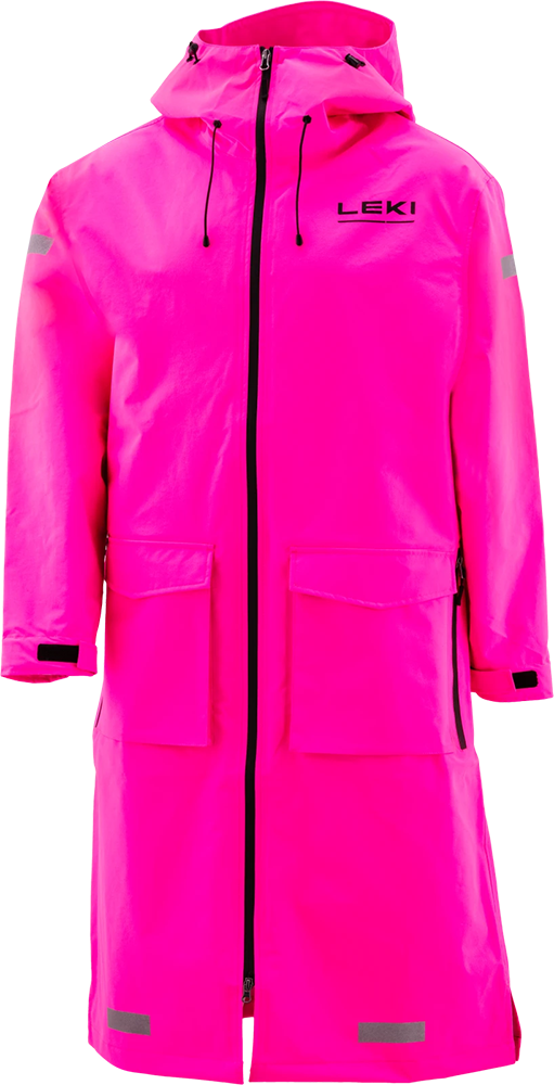 LEKI Rain Coat WCR Pro in Neon Pink, a waterproof and breathable alpine racing coat for racers, coaches and race support staff.