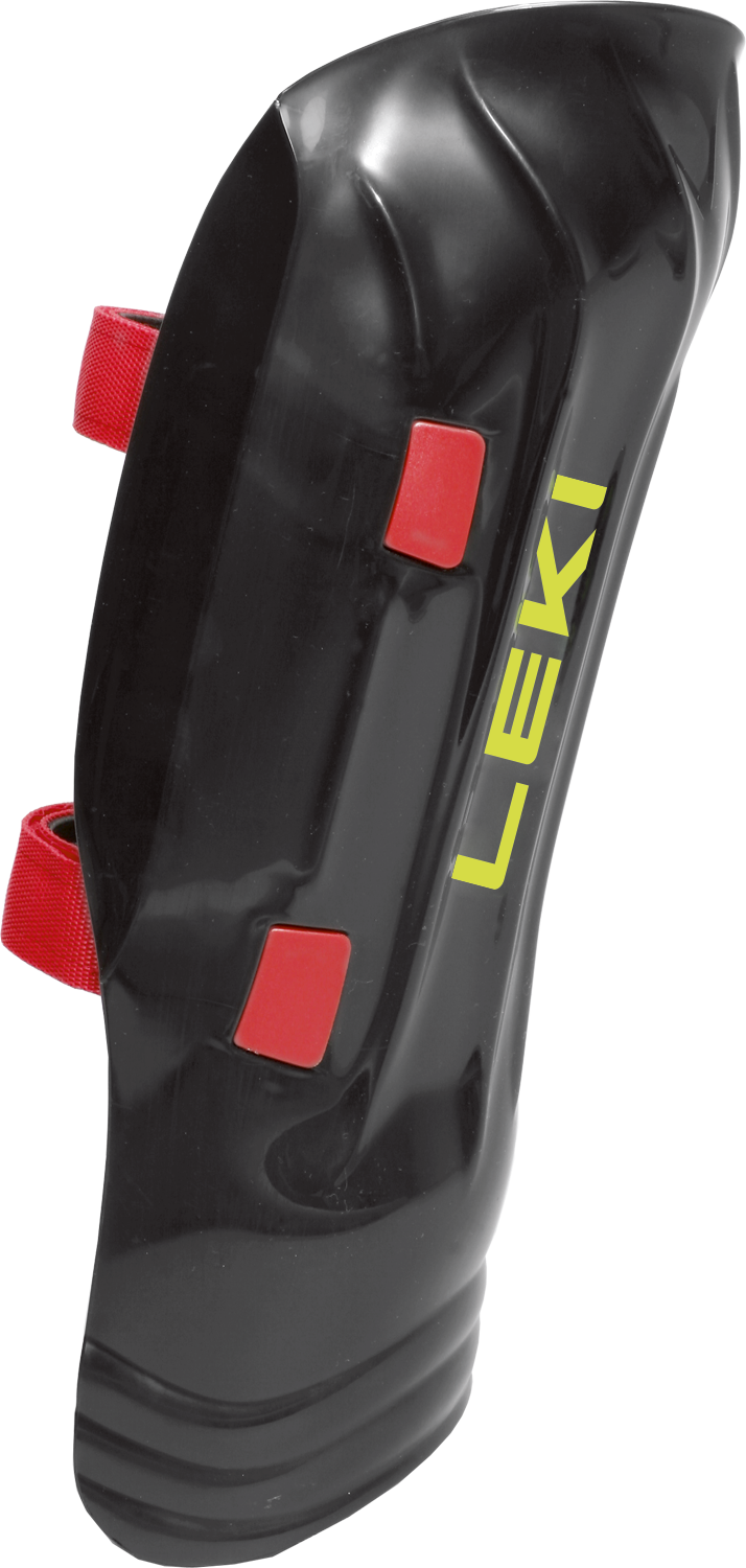 LEKI Shin Guard WC Pro JR featuring lightweight high-impact construction, adjustable straps, anatomical fit, and junior slalom race protection.