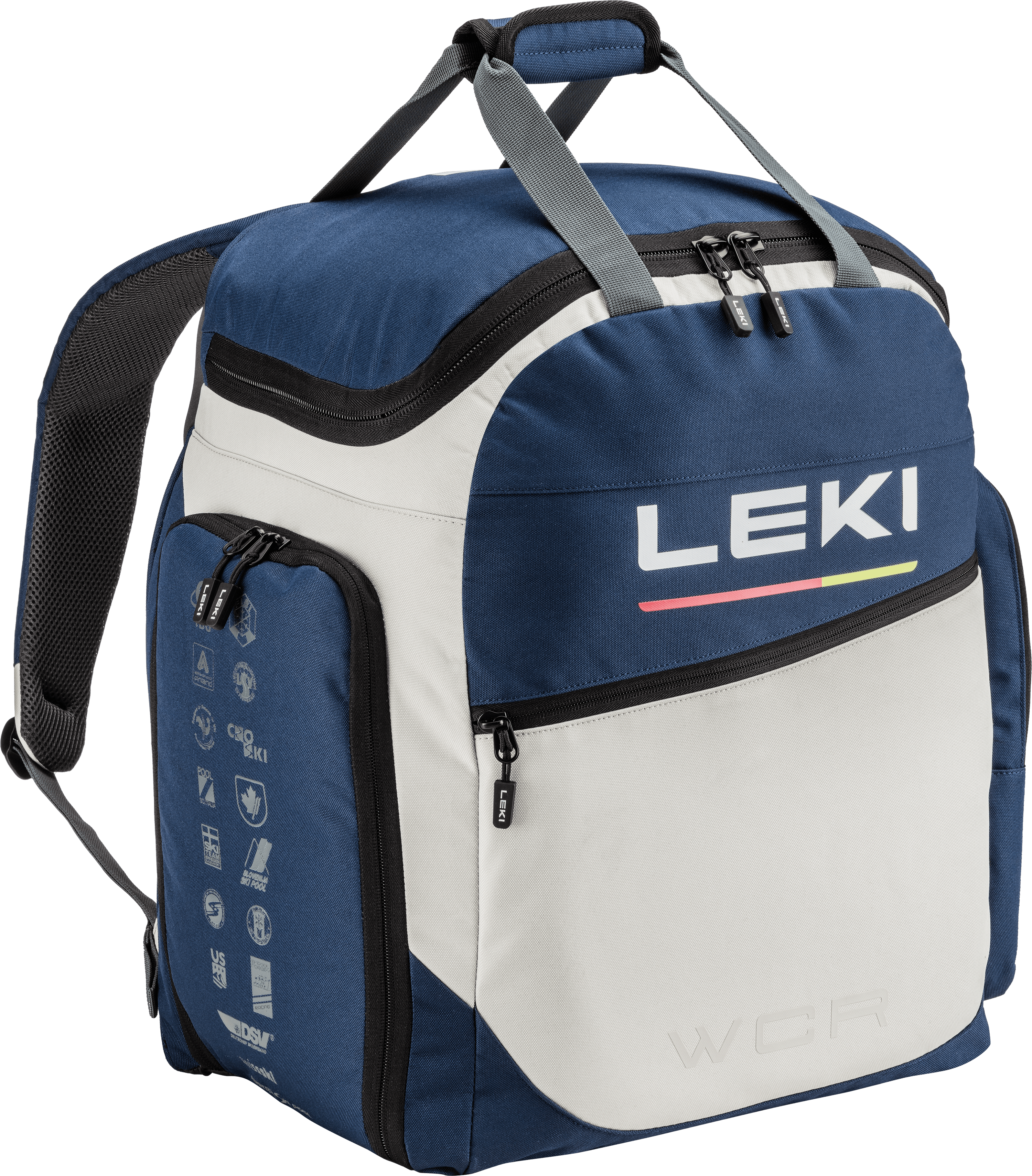 LEKI Ski Boot Bag WCR 60L Blue featuring durable water-resistant construction, spacious boot storage, multiple gear compartments, and padded shoulder straps.