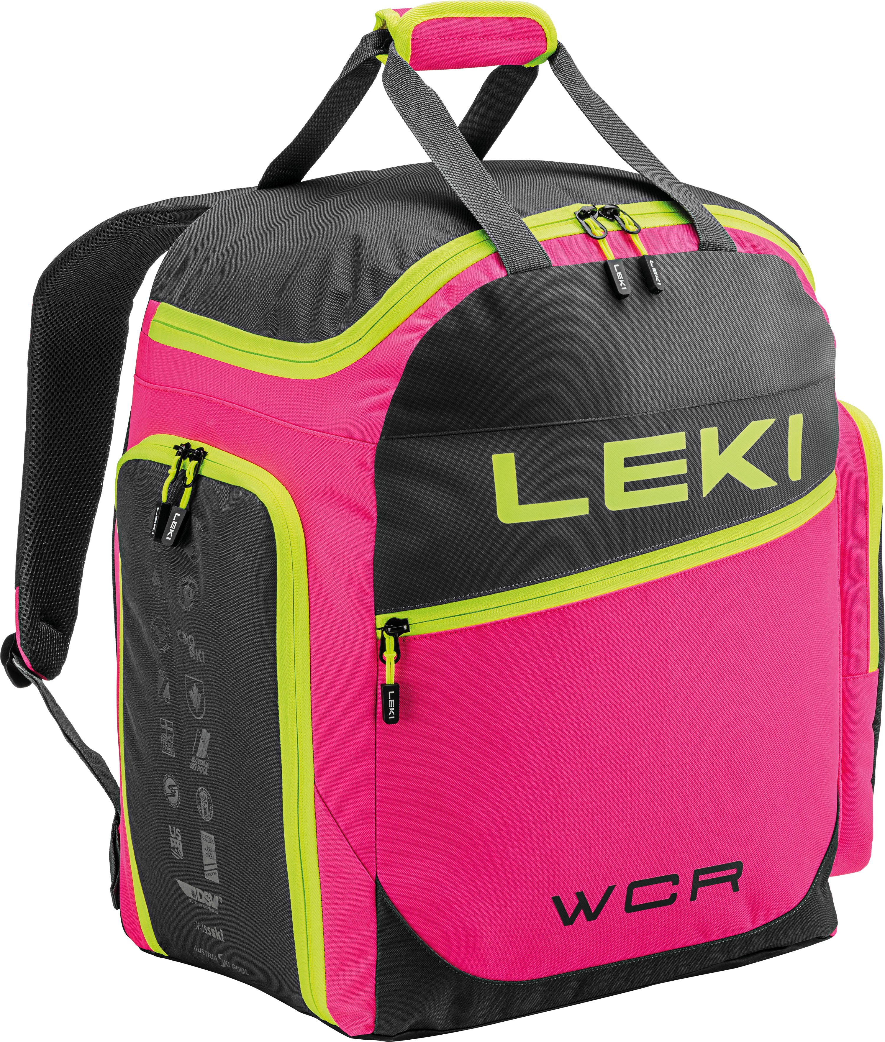 LEKI Ski Boot Bag WCR 60L Pink featuring durable water-resistant construction, spacious boot storage, multiple gear compartments, and padded shoulder straps.