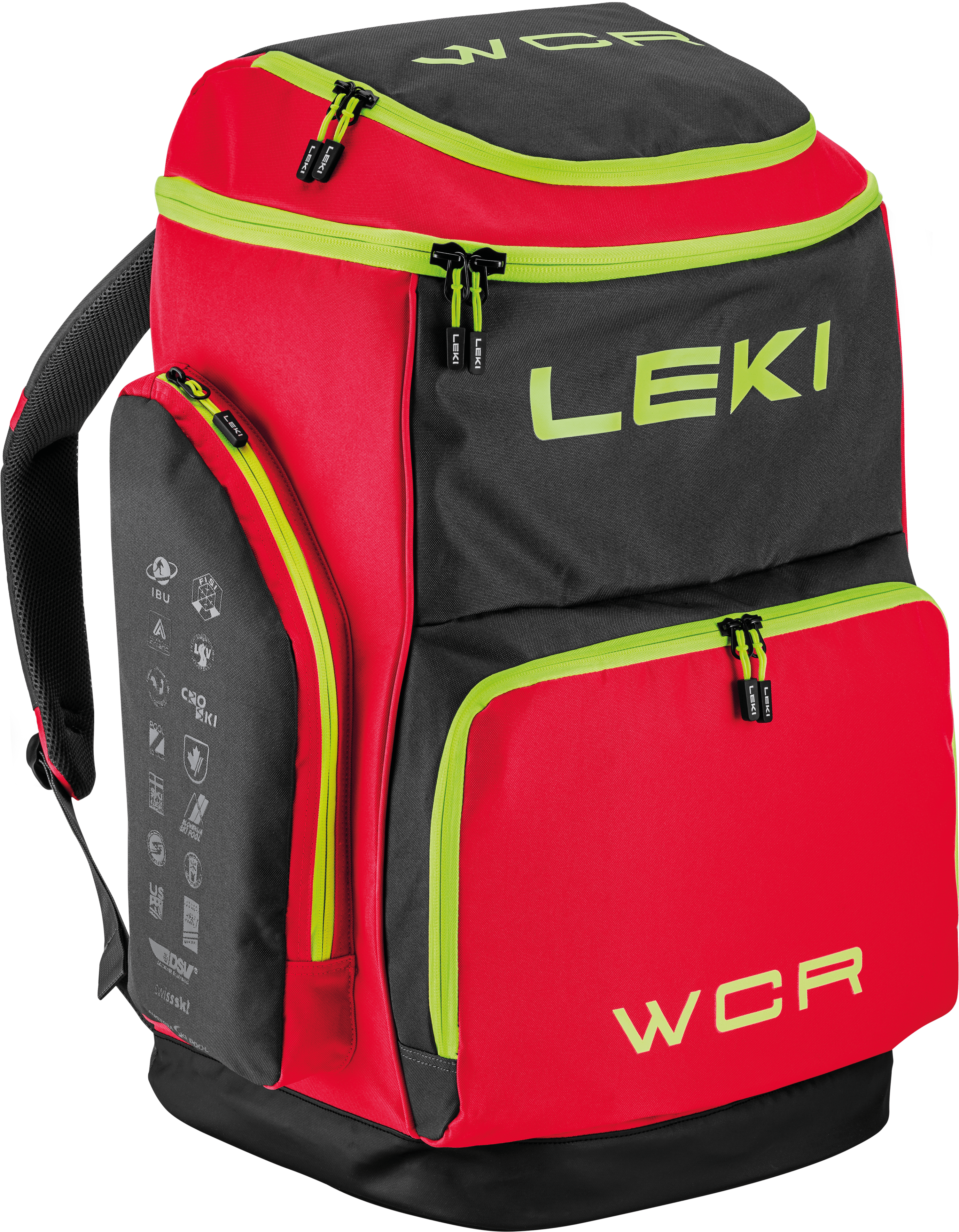 LEKI Ski Boot Bag WCR 85L Red featuring durable water-resistant construction, 85-litre capacity, multiple gear compartments, and ergonomic padded shoulder straps.