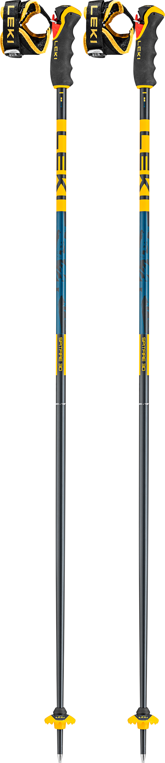 A pair of blue and yellow Leki Spitfire 3D freeride ski poles that feature powder baskets.